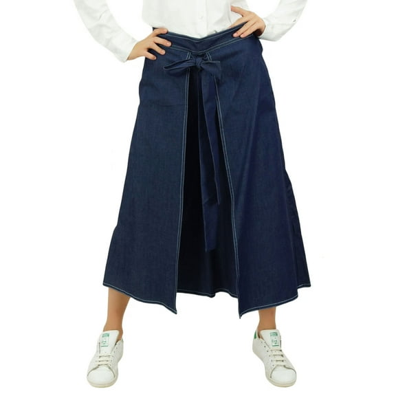 Bimba Women's Elastic Waistband Denim Culotte Fisherman Style Knot Detail Pants