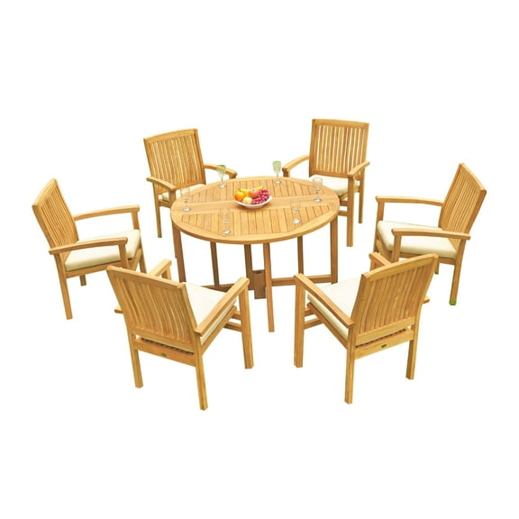 Grade-A Teak Dining Set: 6 Seater 7 Pc: 48" Round Butterfly Table And 6 Wave Stacking Arm Chairs Outdoor Patio WholesaleTeak #51WV0907