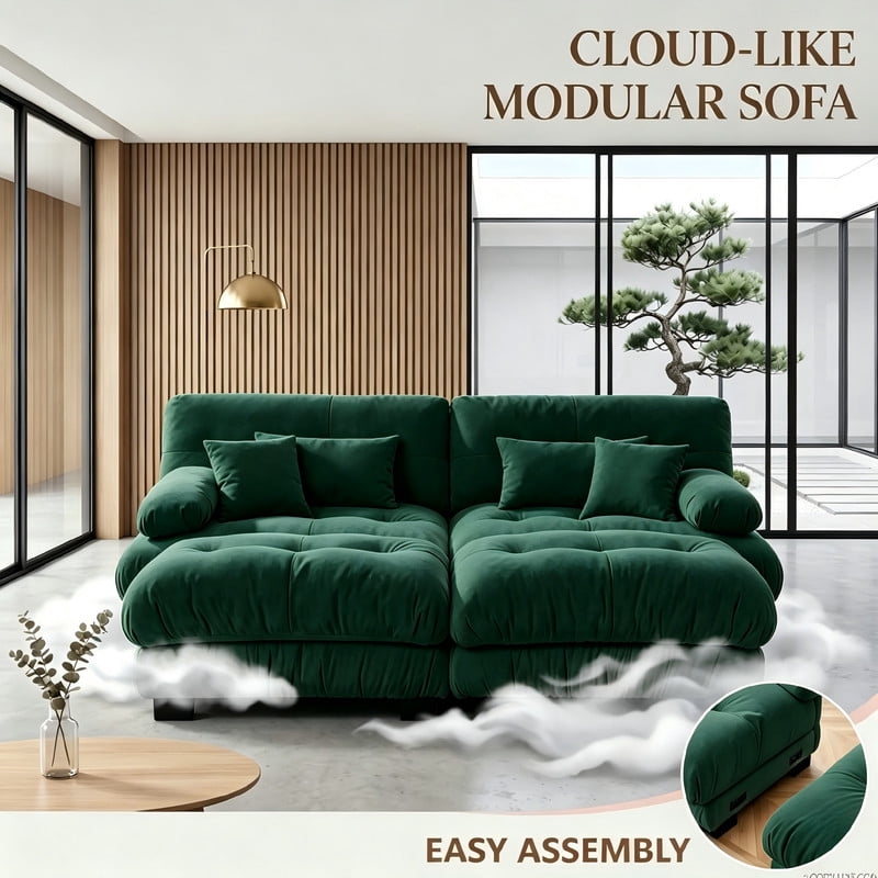 ANPPORT Cloud Couch Sleeper Sofa, Chenille Green 2-Seater Modular Sofa with 2 Ottomans, 2 Lumbar pillows, 2 Pillows, Comfy Deep Seat Cloud Sofa, Convertible L-Shaped Floor Couch for Living Room