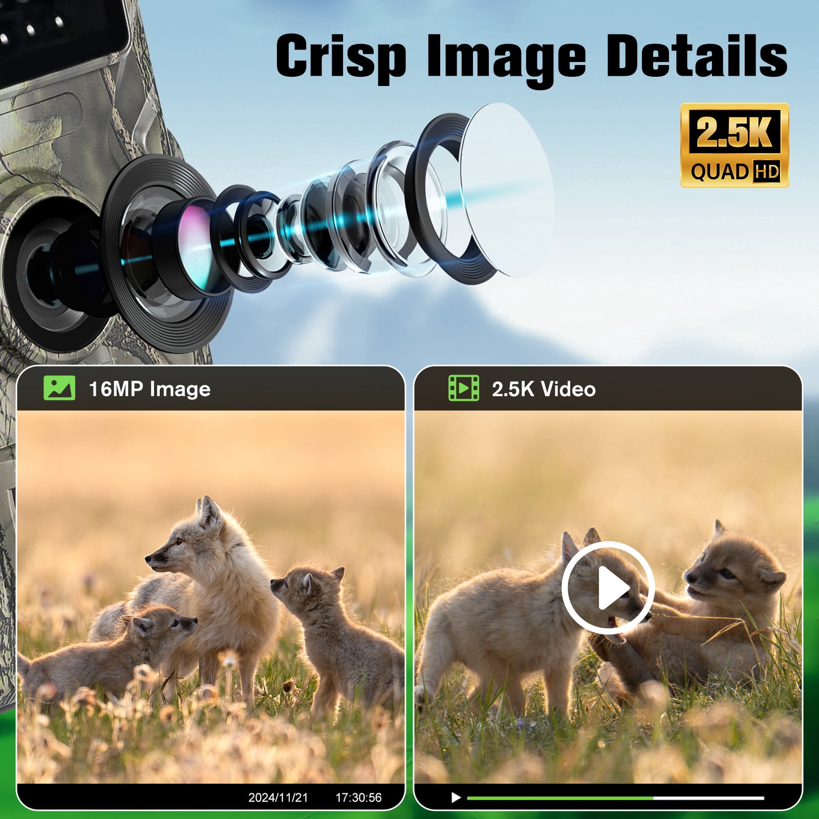Teblint Trail Camera, 2.5K 16MP Game Camera with Night Vision, IP66 Waterproof Motion Activated 2.0”HD TFT Screen for Wildlife Monitoring Outdoor Hunting
