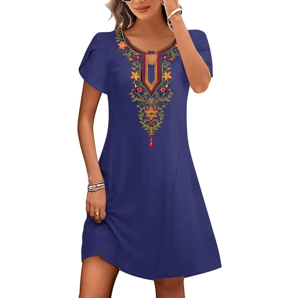 Puntoco Vestido De Mujer Verano Estilo Étnico Estampado Casual Suelto Manga Corta Cuello Redondo Azul Marino Xxl,Regalos Para Mujer Joven