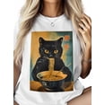 thumbnail image 2 of Women's T-Shirt Vintage Japanese Cat Funny Black Cat Eat Ramen Short Sleeve Casual Tee Classic Crew Neck T Shirt for Women White, XS, 2 of 7