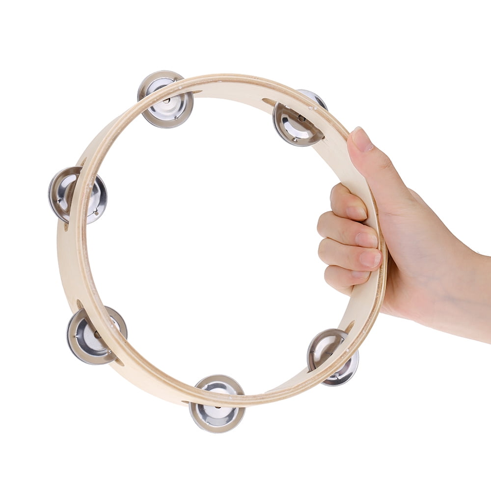 20cm Wooden Handheld Tambourine Double Row Metal Jingle Tambourine Percussion Handbell Clap Drum Games Musical Instruments for Kids Adults Gift Church Party 