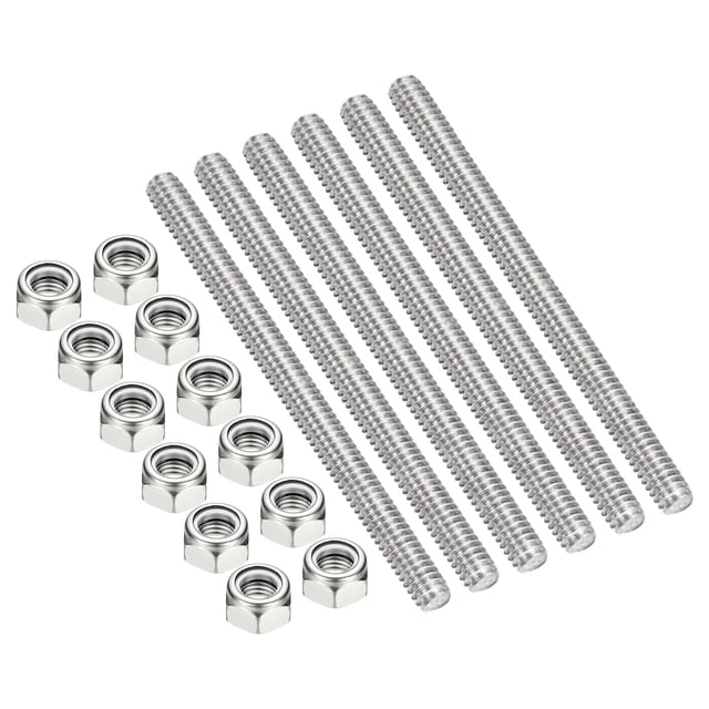 Uxcell 6Pcs 1/4"-20x90mm Threaded Rods with Hex Nuts, 304 Stainless Steel Fully Threaded Rod Right Hand Threads with 12Pcs Nylon Insert Lock Nut for Clamps Hangers U-Bolt, Silver Tone