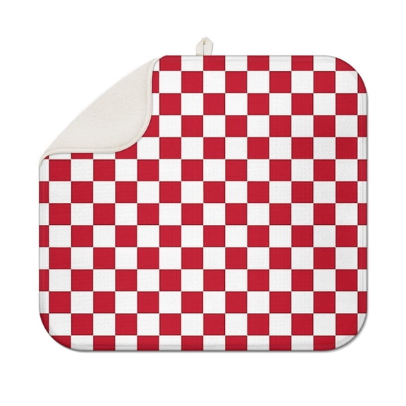 Red and White Checkered Pattern Dish Drying Mat for Kitchen 1 Pack, Ultra Absorbent Microfiber Dishes Drainer Mats,16"x18"