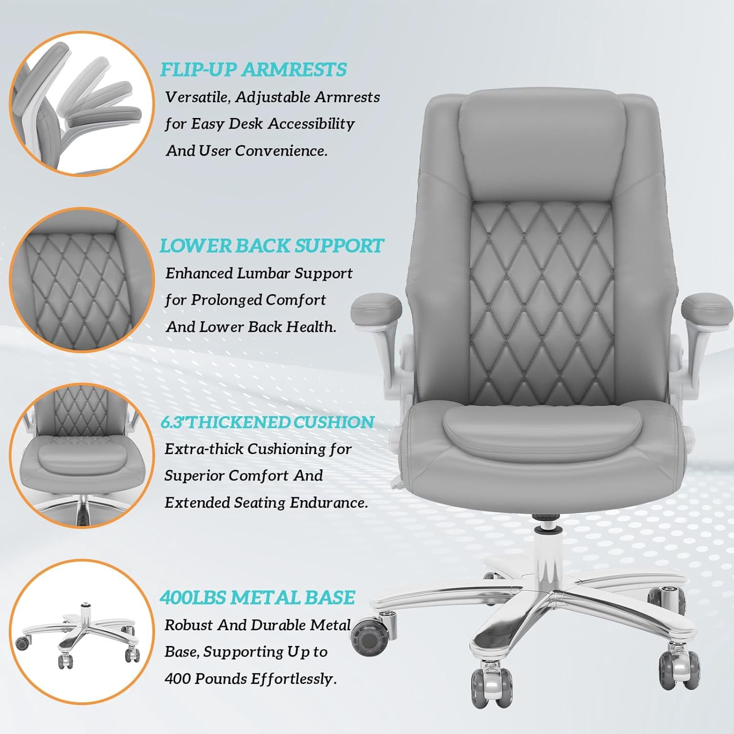 Genpo Big and Tall Office Chair 400 lbs, High Back PU Leather Executive Office Chair with Lumbar Support and Rubber Wheels, Flip-up Armrests Computer Desk Chairs, Gray