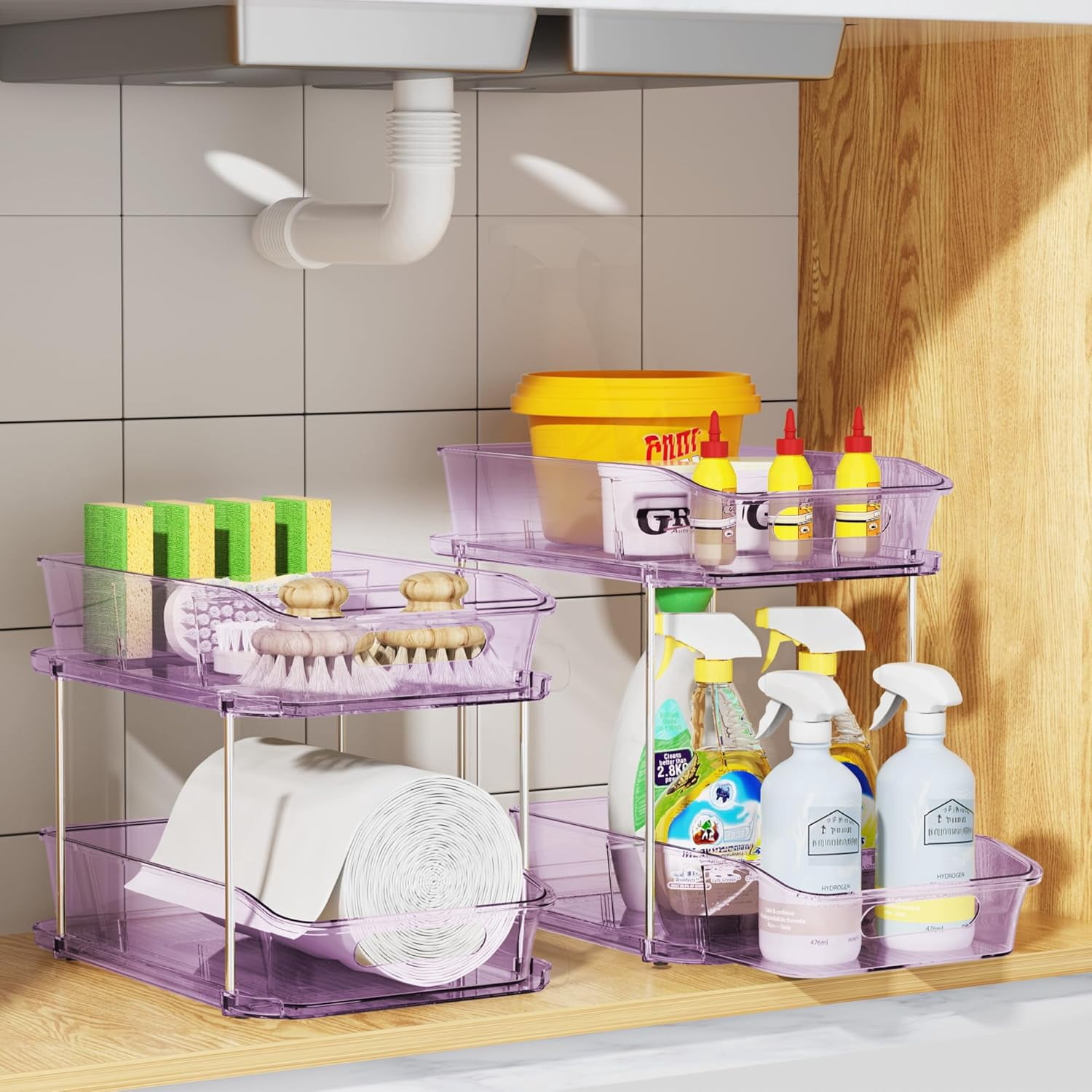 2-Tier Under Sink Organizers and Storage, Multi-Purpose Stackable Bathroom Cabinet organizers, Pull Out Kitchen Pantry Organization and Storage with Dividers(2 Pack, Purple)