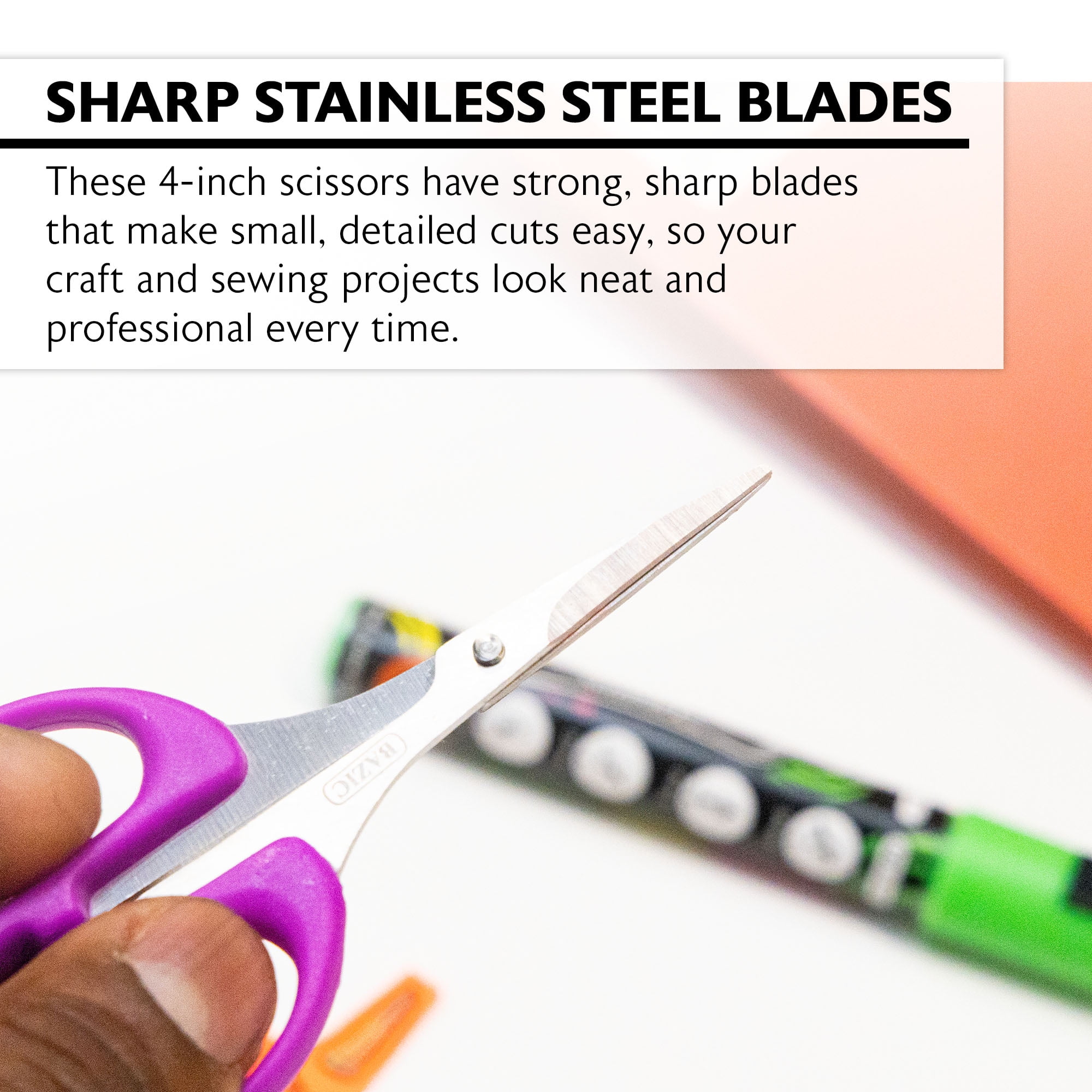 BAZIC Products Craft Sewing Scissors 4" Stainless Steel Scissor, Straight Handle For Left and Right Hand, Set of 4 Colors, 288-Count