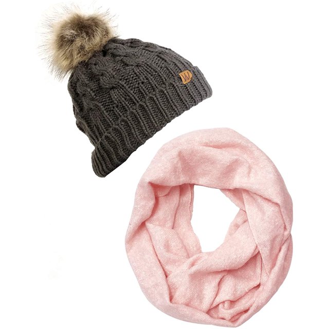 Winter Warm Knitted Infinity Scarf and Beanie Hat Set