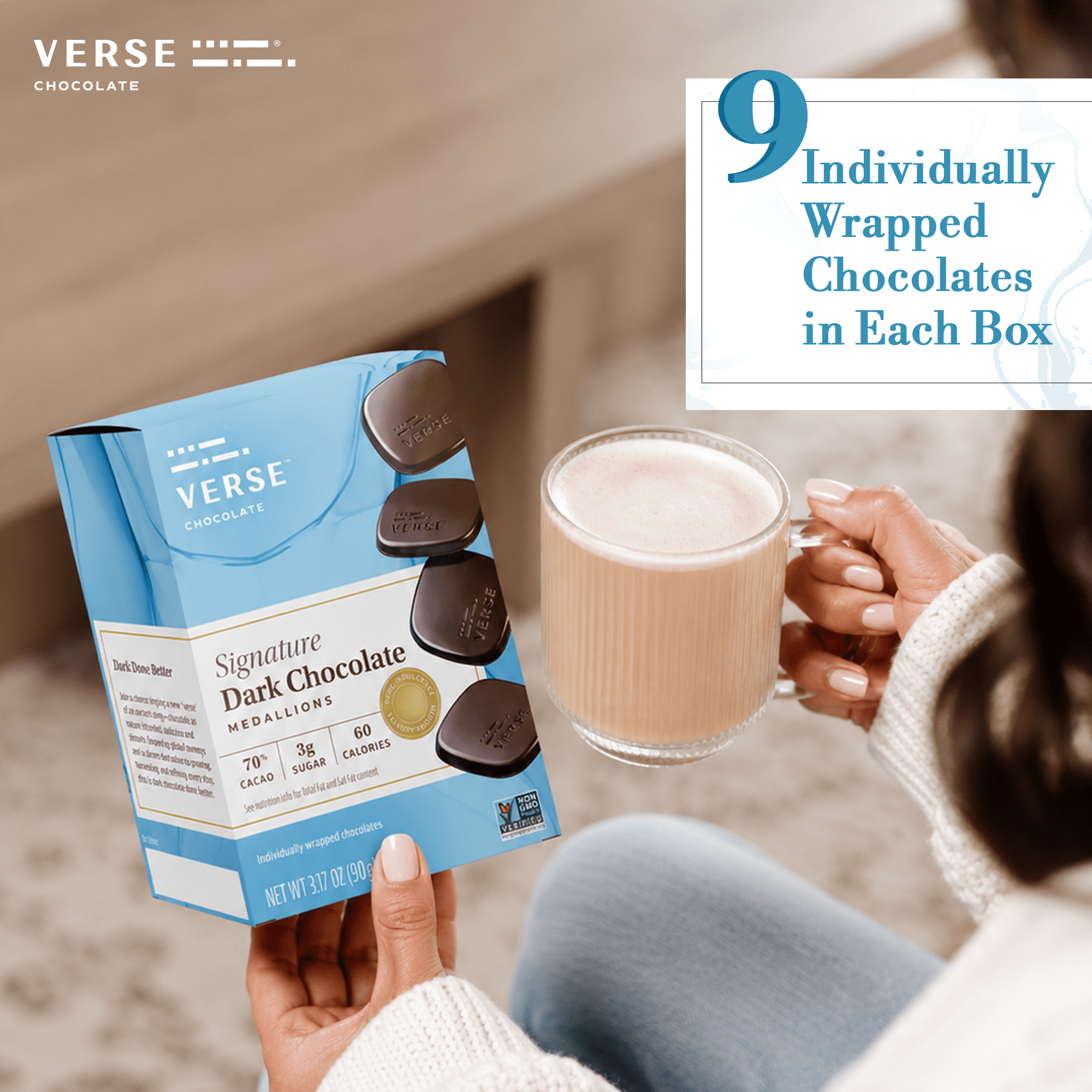 Verse Signature 70% Dark Chocolate Squares - Keto-Friendly, Low Sugar Snack - Creamy, Smooth Dark Cocoa - Only 3g Cane Sugar - Individually Wrapped Premium Cacao Chocolate Squares (9 Count, 4 Pack)