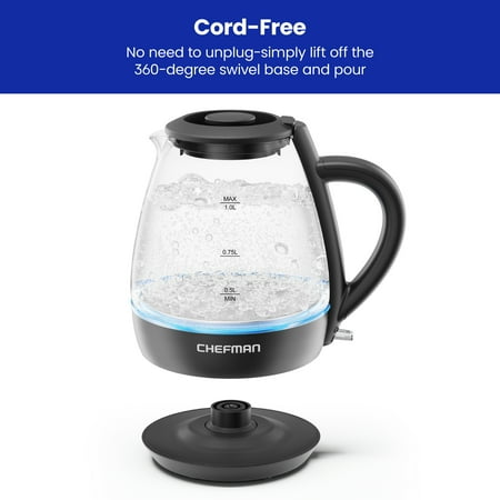 Chefman 1L Electric Glass Kettle w/ LED Indicator Light, Automatic Shutoff - Black, New