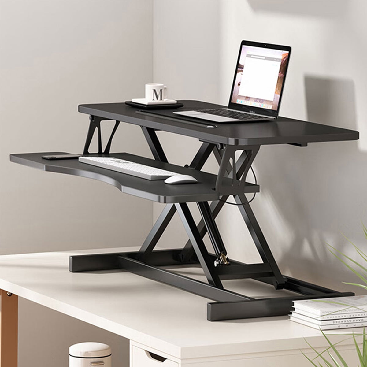 Height Adjustable Stand Up Desk Converter 32 Inch, Laptop Sit Stand Desk Riser for Table Tops and Home Office with Keyboard Tray, Black