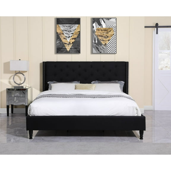 Oliver and Smith King Upholstered Platform Bed Frame Black - 51 Inch Tall Button Tufted Headboard - Soft Linen Fabric Wood Slats - Modern Fabric Design - Easy Assembly (ASTOR)