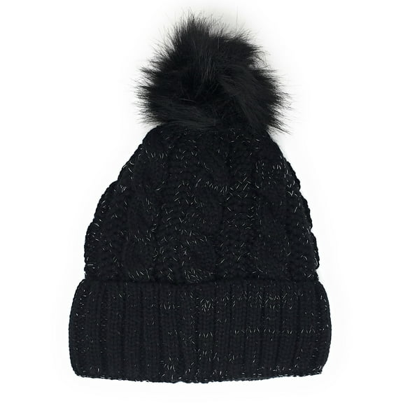 Urban-Peacock Cable Knit Metallic Beanie Winter Hat with Warm Fleece Lining & Pom Pom - Black