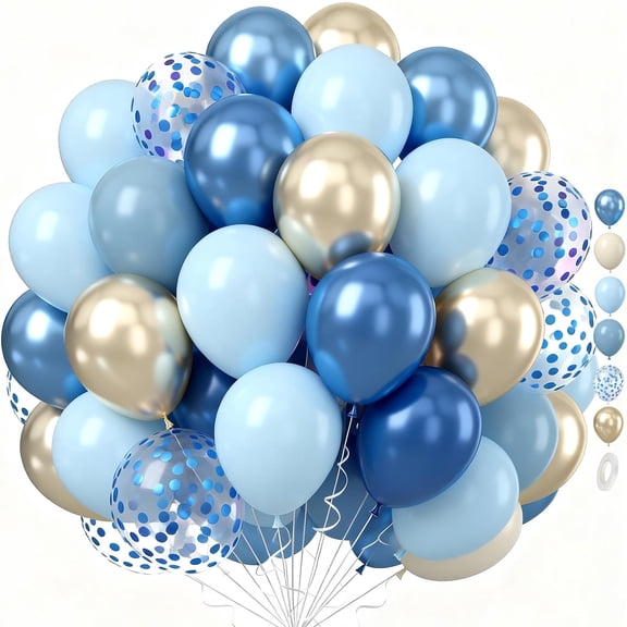 50Pcs 12 Inches Light Blue White Metallic Gold Confetti Birthday Balloons, Dusty Baby Blue Balloons for Baby Shower Birthday Wedding Bridal Engagement Graduation Party Decorations