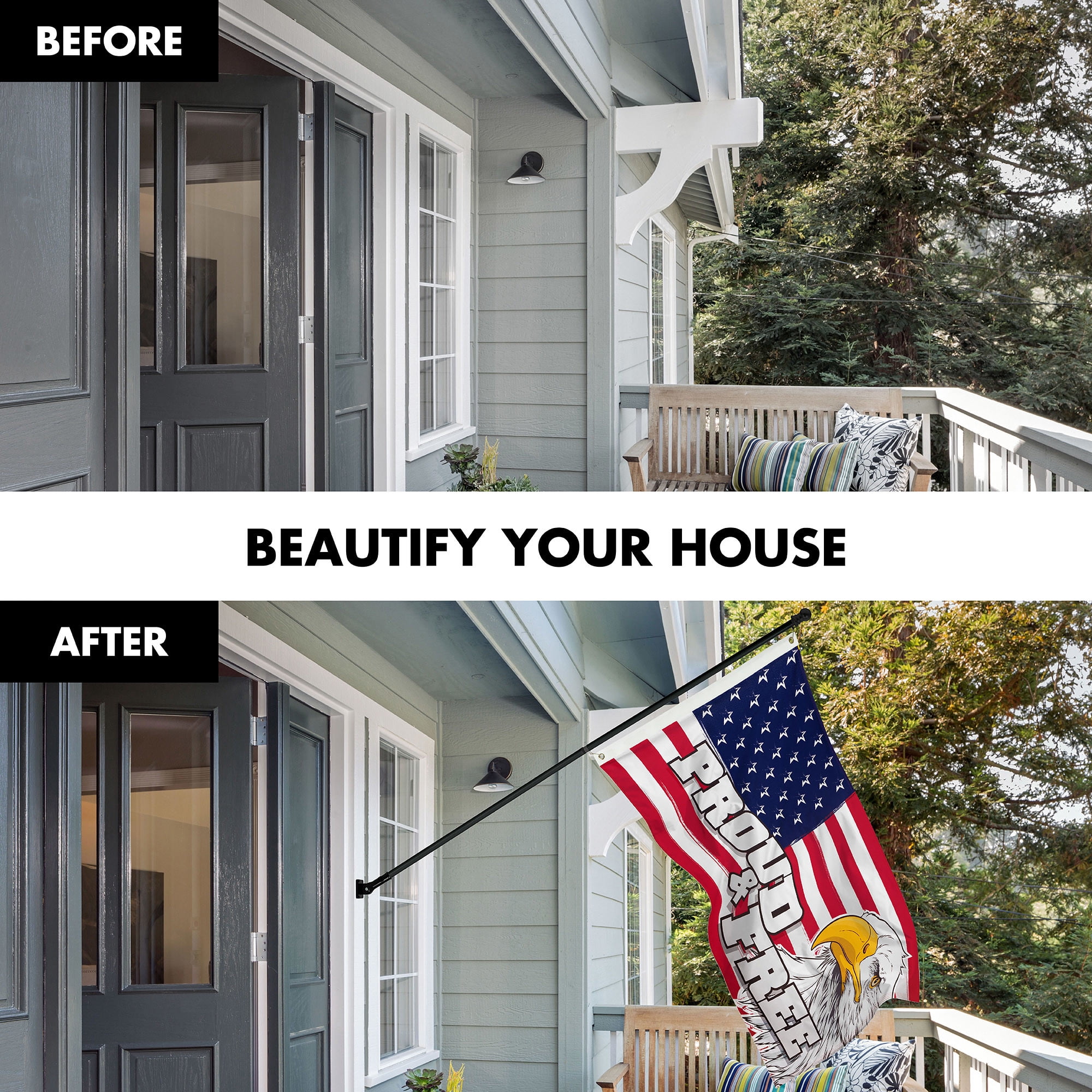 G128 Combo Pack: 6 Ft Tangle Free Aluminum Spinning Flagpole (Black) & American USA Proud & Free Eagle Flag Flag 3x5 Ft, LiteWeave Pro Series Printed 300D Polyester | Pole with Flag Included