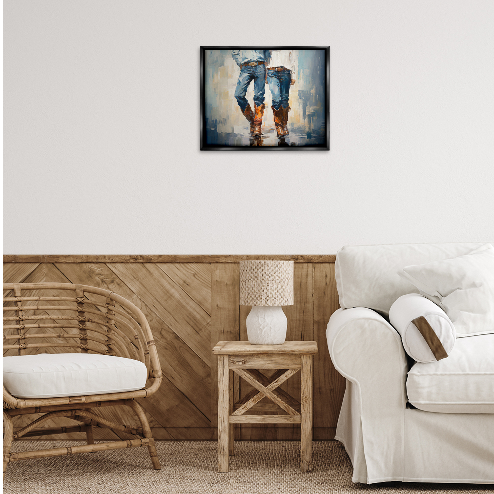 Stupell Industries Cowboy & Cowgirl Couple Novelty Painting Black Floater Framed Canvas Art Print Wall Art, 21 x 17