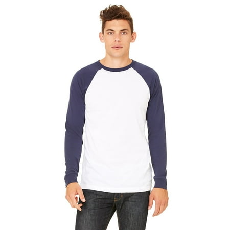 Branded Bella + Canvas Mens Jersey Long Sleeve Baseball T-Shirt - WHITE/ NAVY - M (Instant Saving 5% & more)