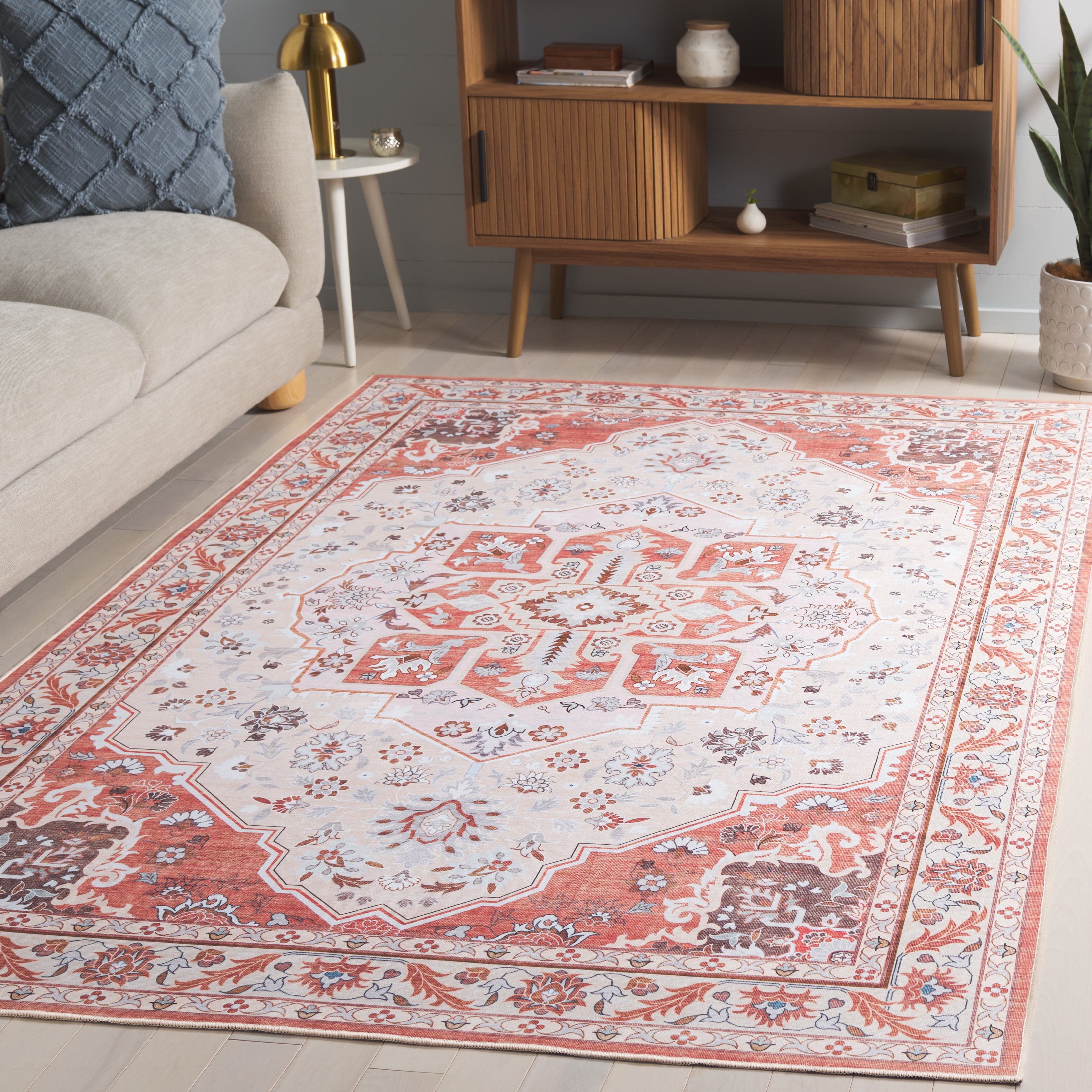 SAFAVIEH Tucson Luvina Oriental Machine Washable Area Rug, Rust/Ivory, 5' x 8'