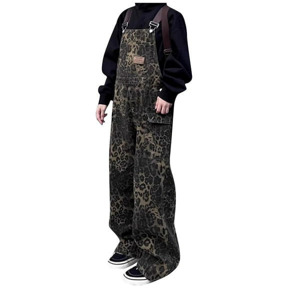 Women's Jumpsuits Ladies Retro Street Style Leopard Print Pocket Leisure Loose Fit Wide Leg Overalls Womens Romper Coffee L