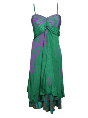 Mogul Women Green Floral Dress Layered Spaghetti Strap Boho chic Recycled Sari Printed Sundress SM