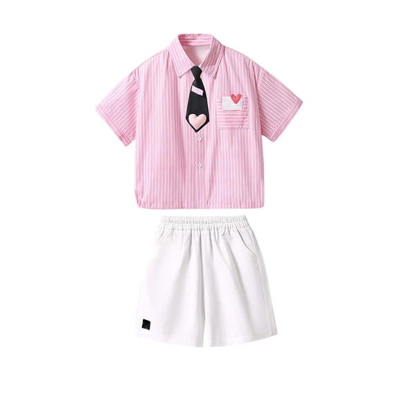 School Uniform for Boys Buttoned Short Sleeve Lapel Striped Print Shirt Shorts And Tie 3 Piece Back-To-School Boys Outfits 2-3 Years