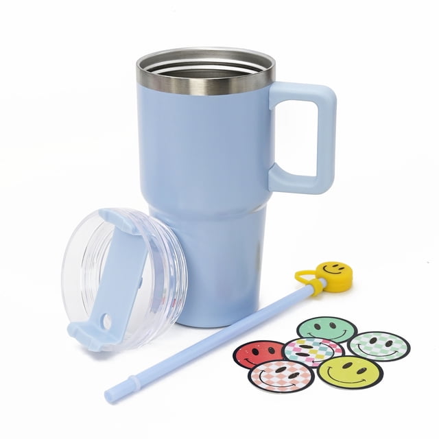 Kids Blue 20oz Stainless Steel Tumbler with Straw, Smiley Straw Topper & 6 Removable Smiley Stickers