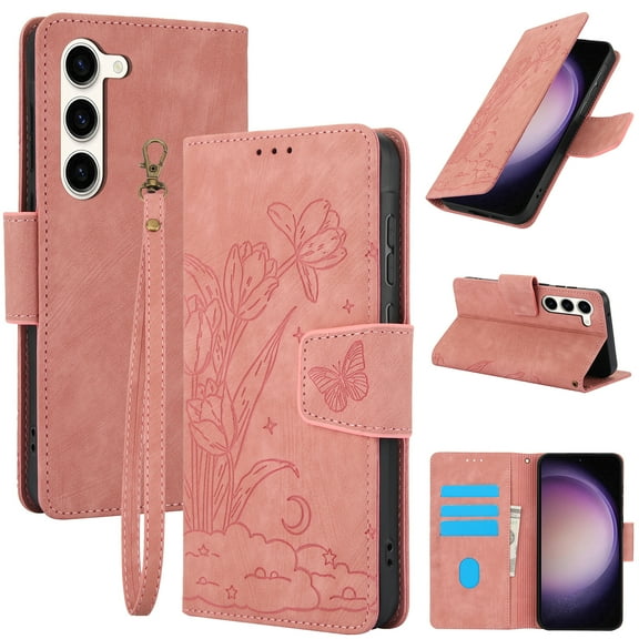 for Samsung Galaxy S22 Plus Wallet case with RFID Blocking Credit Card Holder,Flip PU Leather Emboss Butterfly Flower Shockproof Protective Cover Women Men for Samsung Galaxy S22 Plus Phone case,Pink