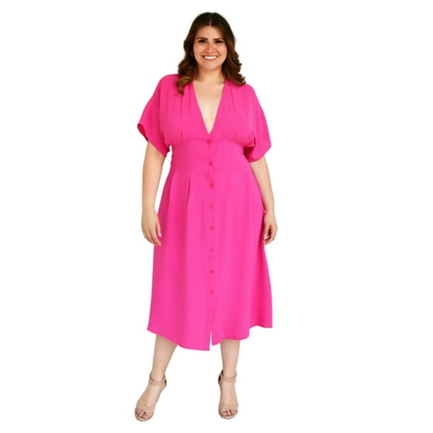 Vestido manga corta Roman Fashion /Tallas Extras, 0222 (Fiusha) fucsia 42 Roman Fashion V-ELY-0222-FIUSHA