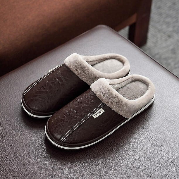 Big Size For Men's Pu Leather Slippers Indoor Waterproof Home Fur Male Couple Flat Women Men Winter Slipper Cotton Shoes zhangyuxiang LED