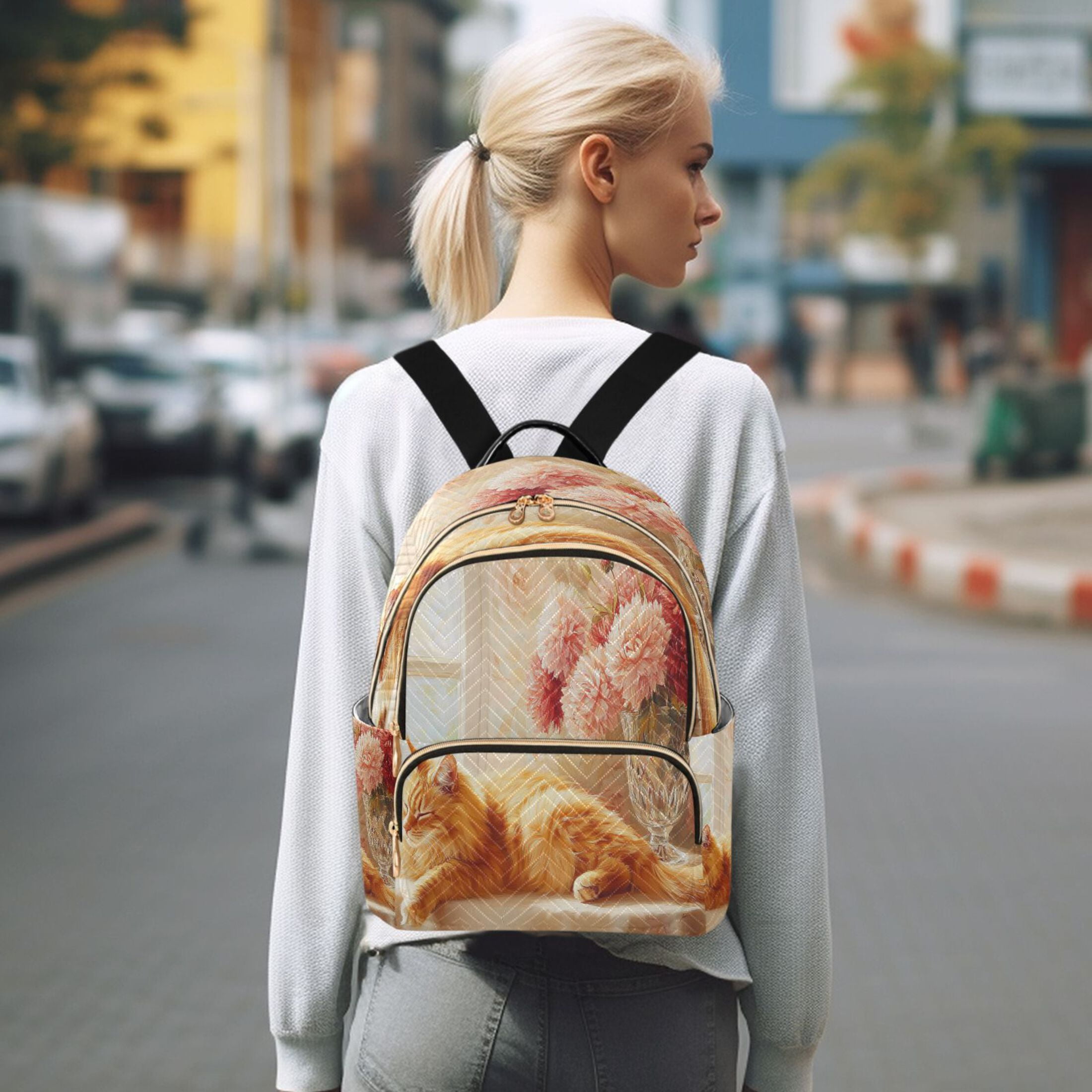 Casual Cat Sleeping Beside Flowers Backpack for School,College and Travel, Water Resistant Bookbag,