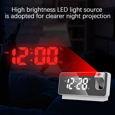 Hovmgk Mirror Projection Clock LED, Large 7 Screen Digital Alarm Clock with 180° Flip Projector, Dual Alarms, Temperature & Humidity Display, USB Charging, Mute Function for Bedroom & Office