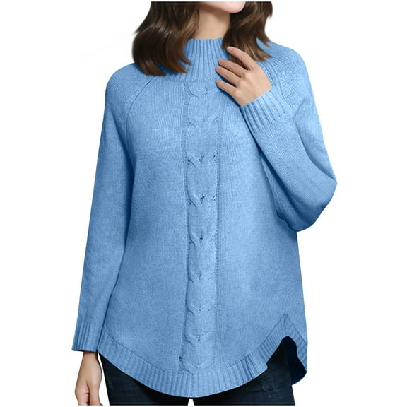 Olyvenn Women Long Sleeve Mock Neck Loose Sweater, Solid Color Cable Knit Fall Warm Sweaters Pullover with Curved Hem Sky Blue S