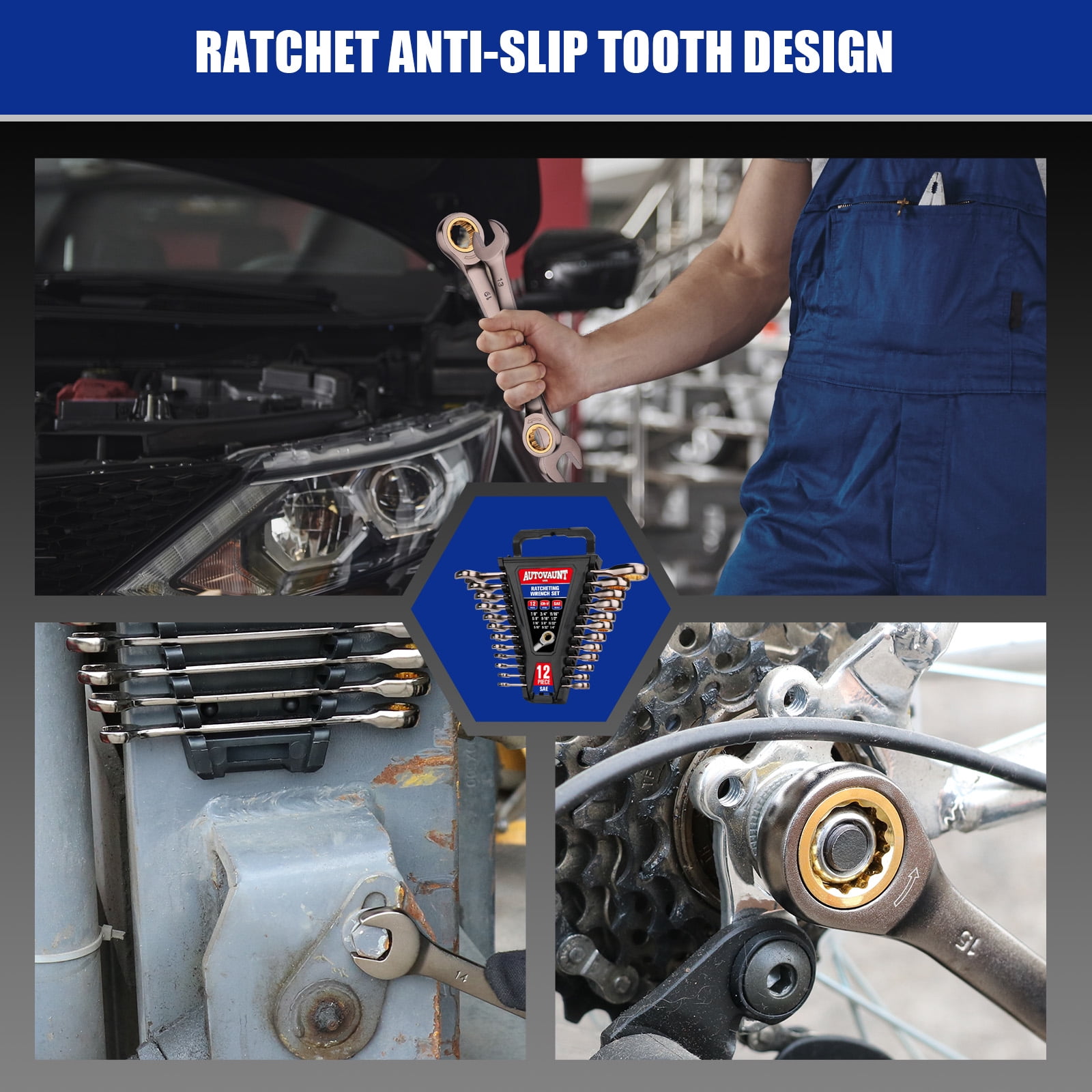 12-Piece SAE Ratcheting Wrench Set | 1/4” to 7/8“ | Ratchet Combination Wrenches Set with Organizer | 72-Teeth | Chrome Vanadium Steel