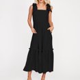 thumbnail image 1 of Vestido Plisado Con Tirantes Vestido de encaje de gasa con volantes sin espalda Color sólido Traje de vacaciones de corte bajo para mujer Cgtredaw Para estrenar, 1 of 1