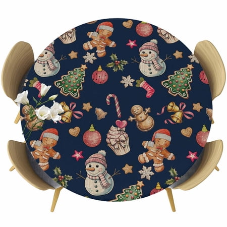 Navy Blue Christmas Round Tablecloth Fitted Table Cover with Elastic for 36 -44 Round Tables Xmas Tree Balls Snowman Gingerbread Table Cloth Outdoor Indoor Dinning Party Waterproof Tablecloths