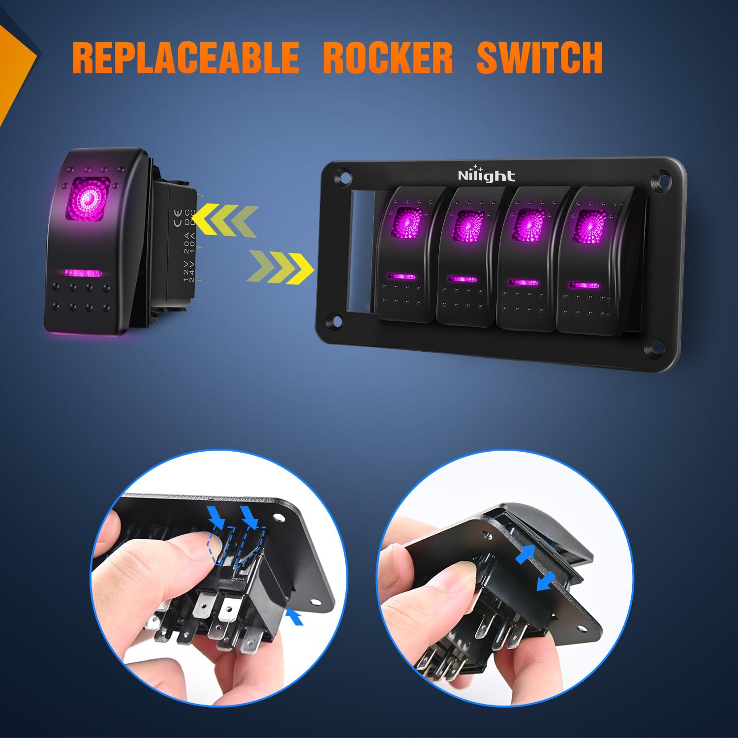 Nilight 5 Gang Rocker Switch Panel with Purple LED Light 5 Pin On Off Pre-Wired Aluminum Toggle Switches Waterproof for 12V/24V Cars Marine Boats ATVs Trailers RV Trucks