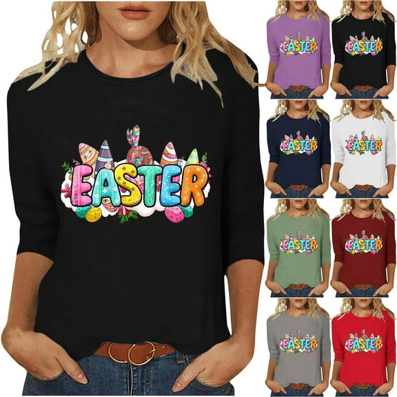 AGWOLF Happy Easter Day Womens Tops Dressy Casual 3/4 Length Sleeve T-Shirts Funny Lettwe Printed Tees Workout Round Neck Holiday Tops