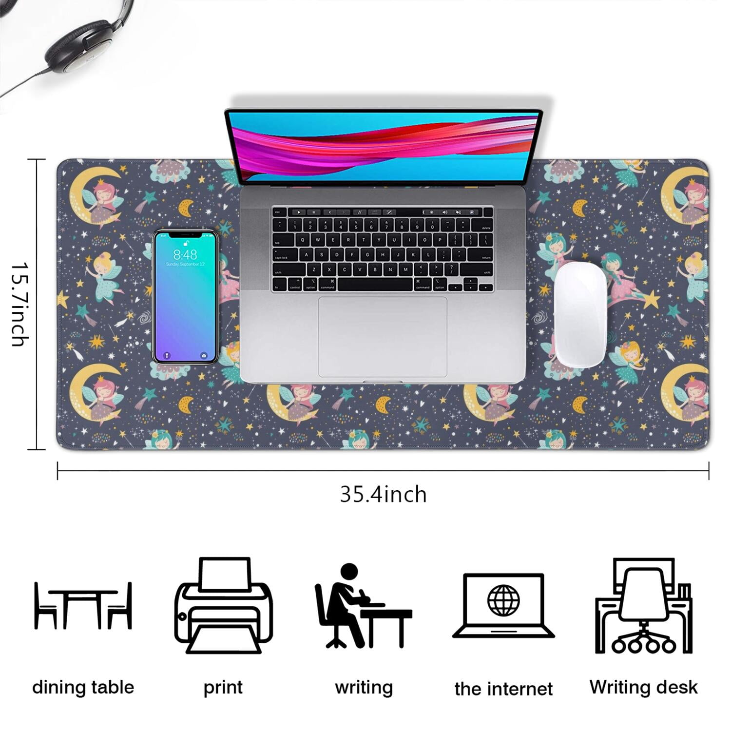 Long Mouse Pads for Desk,Star Fairy Princess Pattern Desk Mats on Top Of Desks, Desk Mouse Pad Extra Large with 3mm Non-Slip Base and Stitched Edge for Gaming,Office,Work,Home 35.4"x15.7"