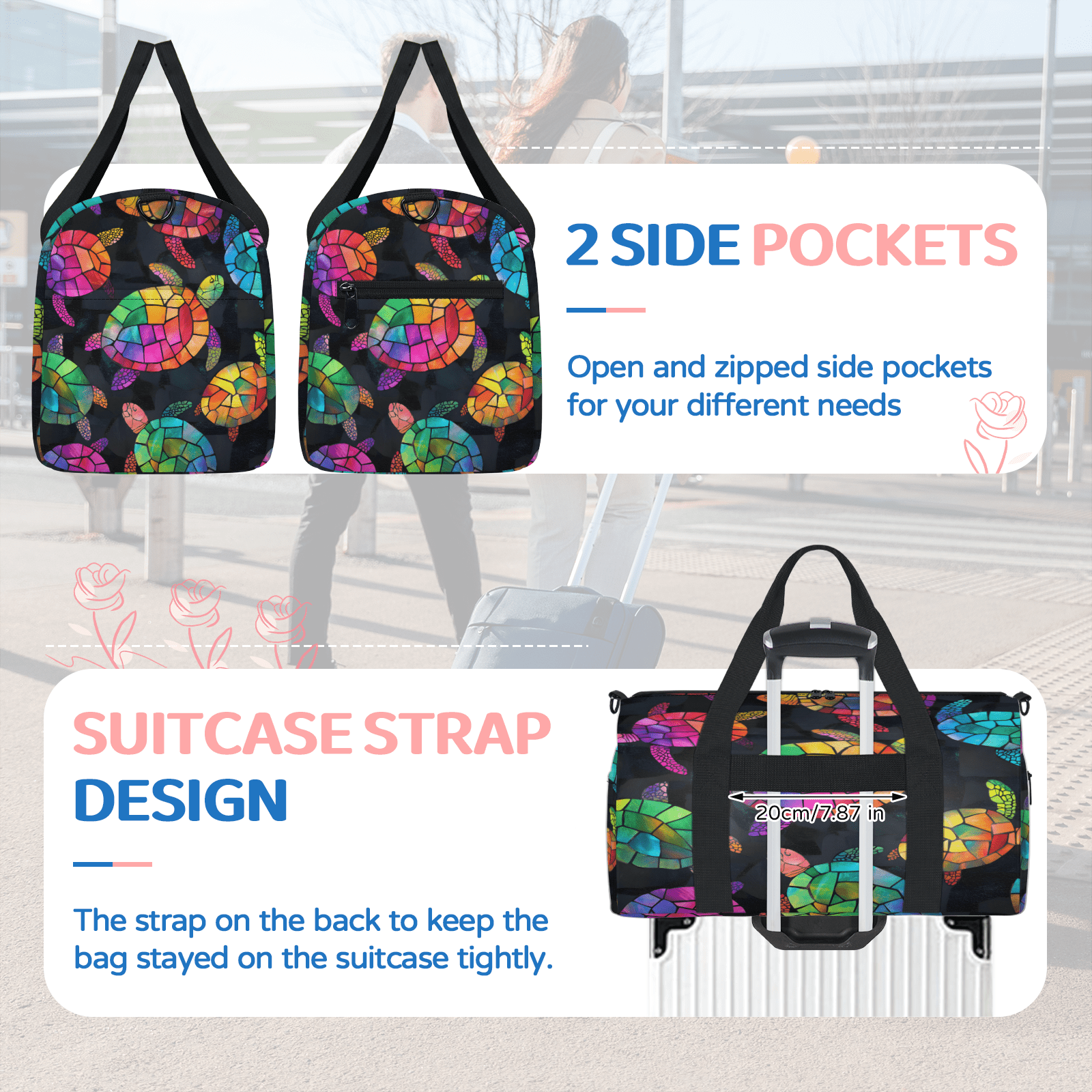 Herdesigns Turtle Travel Duffle Bag Sports Yoga Weekender Overnight Carry on Workout Bags Lightweight Waterproof Gym Tote Bag for Women Sea Turtle