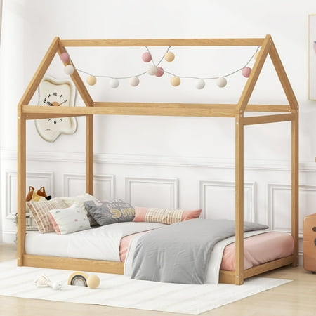 MODERNLUXE Wood Twin Size House Platform Bed, Low Profile Floor Bed, Wood Color