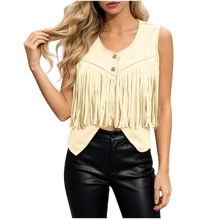 Mwjwdo Women s V Neck Two Button Cropped Faux Suede Vest Long Fringe Hem Western Styling Outer for Concert Nights Beige XXL