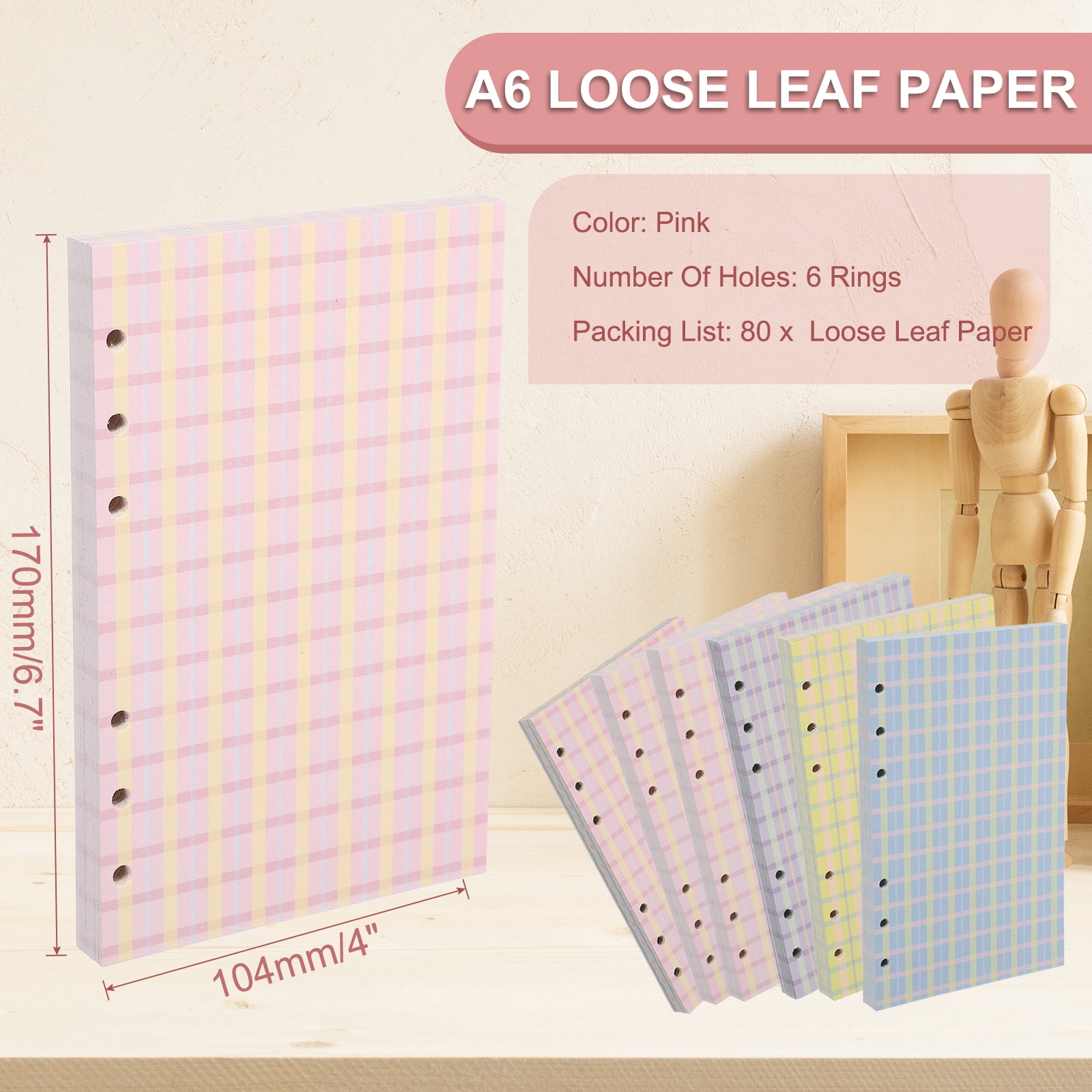 A6 Loose Leaf Paper, 160 Sheets 6.7 x 4" Grid Notebook Paper Filler Binder Refill for 6 Ring Binder Note Taking Planner Journals Professionals, Pink