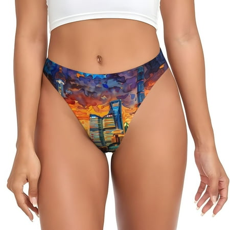 Rateoe Neon Shanghai Cityscape Night Pattern Seamless Women Underwear Thongs No Show Ladies Thong No Line Breathable Comfortable Panties Undies for Women-XX-Large