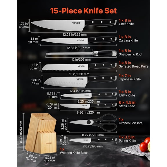 Kitchen Knife Set with Block&Sharpener,15 Piece High Carbon Stainless Steel Sharp Knife Set,Kitchen Cutlery with Ergonomic Handle,Sharpening Rod&Premium Wooden Block,for Home Cooks