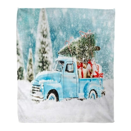 SIDONKU Flannel Throw Blanket Truck Merry Christmas Tree Transporter Bringing to All The Sweethearts on X Mas Evening Vintage 58x80 Inch Lightweight Cozy Plush Fluffy Warm Fuzzy