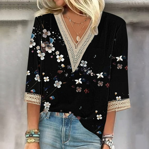 Black Women's Short Sleeve T-shirt, Women'S V Neck Lace Edge Gradient Print Loose Seven Quarter Sleeve T Shirt,Women's Short sleeve T-shirt XXL