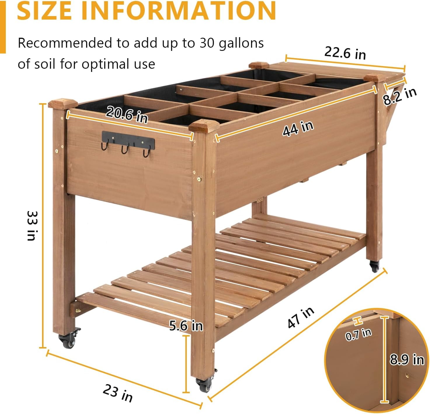 PETSCOSSET Raised Garden Bed with Wheels, Mobile Wood Elevated Planter Box with Storage Shelf, Liner, Easy Assembly, Brown, 55.5x24x32in