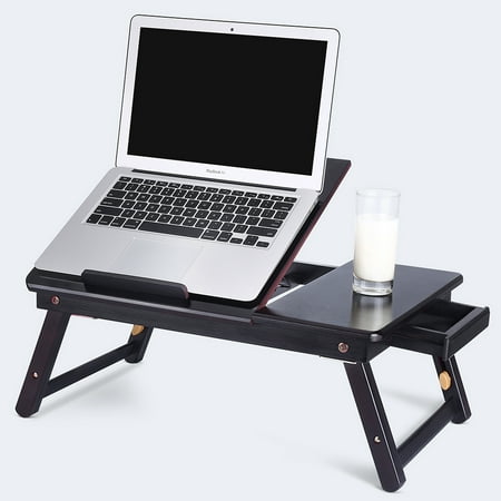 Yosoo Portable Bamboo Foldable Laptop Desk Notebook Adjustable Height Tray Bed Table with Drawer, Bed Computer Desk,Laptop Bed