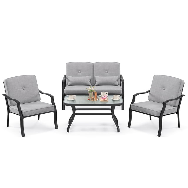 Gymax 4PCS Furniture Set Outdoor Conversation Sofa w/ Tempered Glass Coffee Table Patio